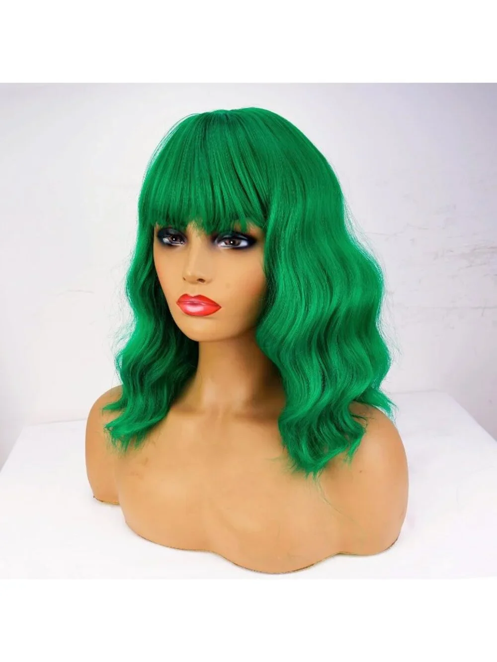 Women's Green 14 Inch Heat Resistant Short Bangs Bob Modern Wavy Wigs